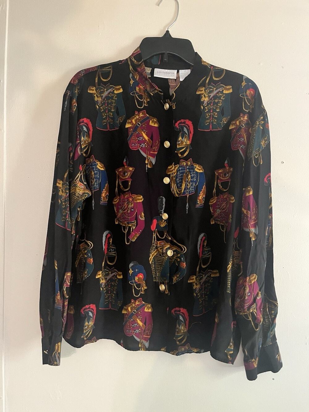 Liz Claiborne 100% Rayon Military Print Button-Up Blouse Black Multicolor Size 8